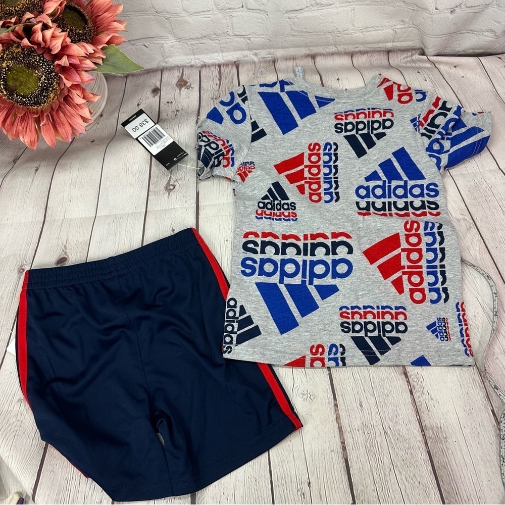 NWT adidas 2pc shorts set red blue sz kids 4 sportswear streetwear sporty - Picture 4 of 9